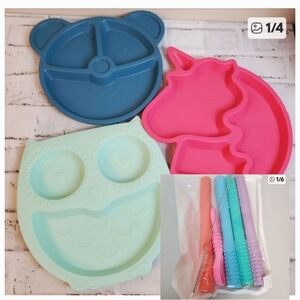 9" kids animal shape divided plates+Silicone 1/2" Wide straw set, brush